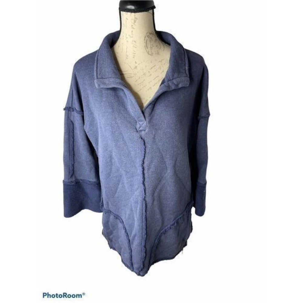 Soft‎ Surroundings Sz M French Terry Snap Front Pull Over Sweatshirt Tunic Blue